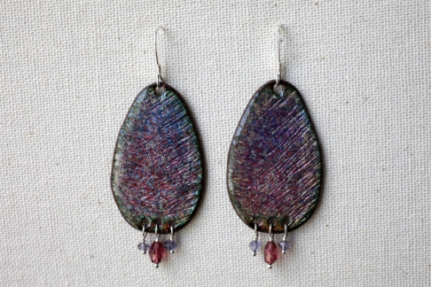 Casbah Earrings by Catherine DeYoung | Vitreous enamel on copper with sterling silver earwires. Drops are garnet and iolite. Casbah Earrings